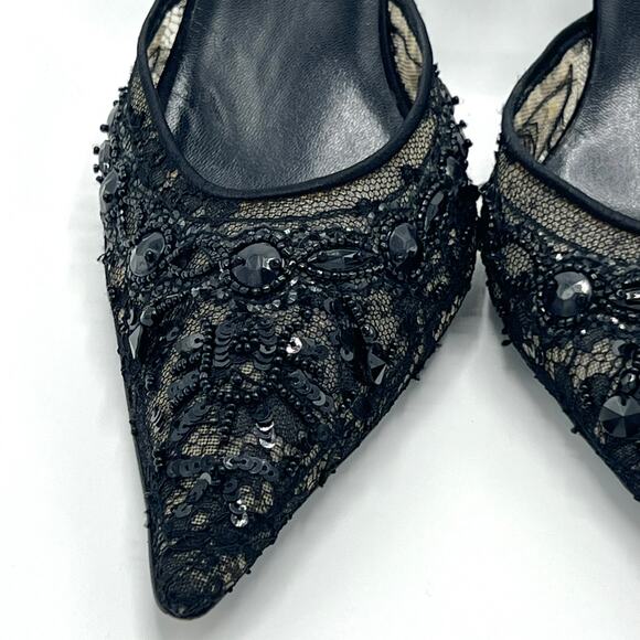 Oscar de la Renta Black Beaded Mesh Slingback Heels, Size 9 - Picture 3 of 10